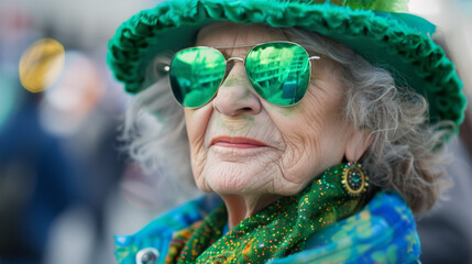 Close-up shot of an elderly woman's festive green hat and earrings as part of her St Patrick's Day celebration ensemble - Powered by Adobe