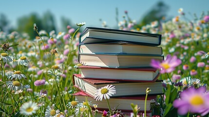 commercial photography, a stack of books in the grass in a clearing, book day