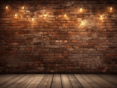 Room with brick wall and brown lights background