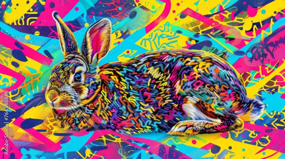 Poster rabbit on colorful surface with splatters - 19 tokens