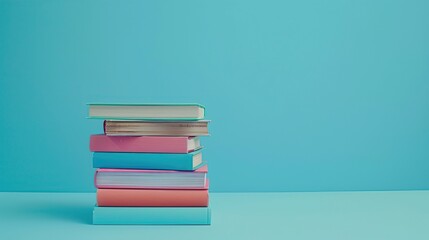 commercial photography, color stack of books on a blue background, book day