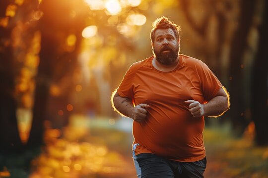 Middle aged overweight bearded man losing weight while running in orange t shirt on a blurred city park background