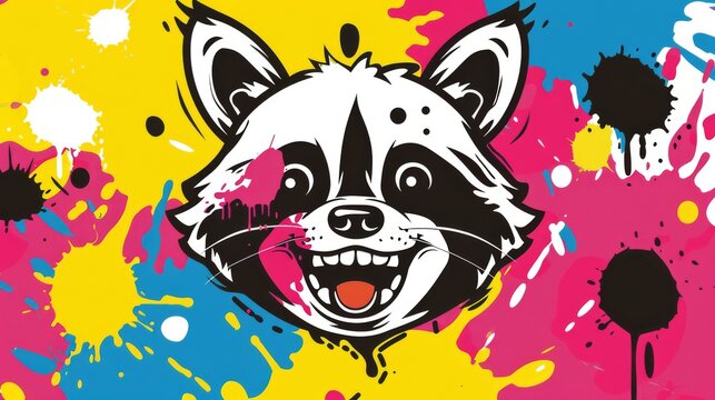  A raccoon painted with splatters against a yellow-pink-blue backdrop