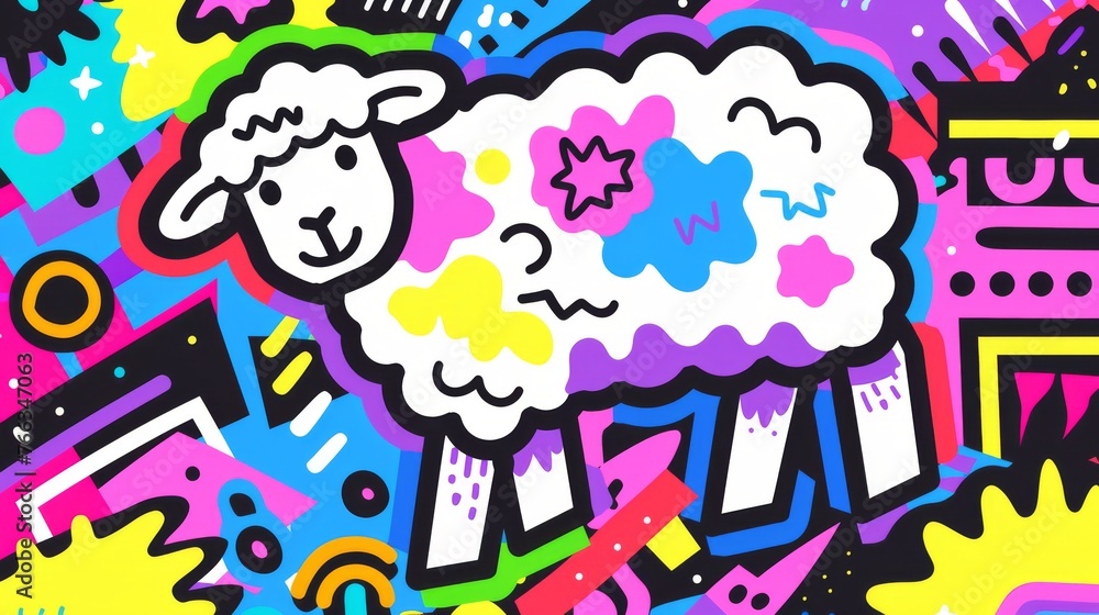 Poster  A picture of a sheep amidst a multicolored backdrop, with a cityscape in the distance and celestial bodies and abstract forms in the foreground