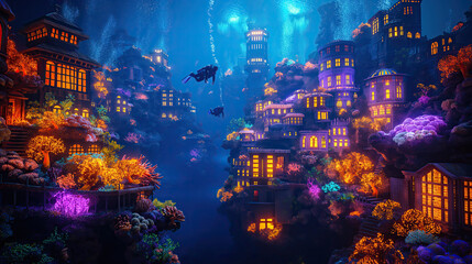 An underwater city illuminated by neon corals, with divers floating among the colorful buildings...