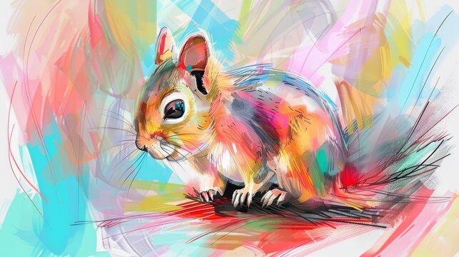  A digital painting of a vibrant squirrel against a white canvas featuring hues of pink, blue, yellow, and red in the background