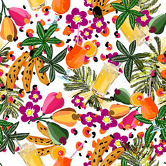 Estampa sem emendas com elementos digitais, flores, frutas, colorido, alegre, brasileiro, textil. 