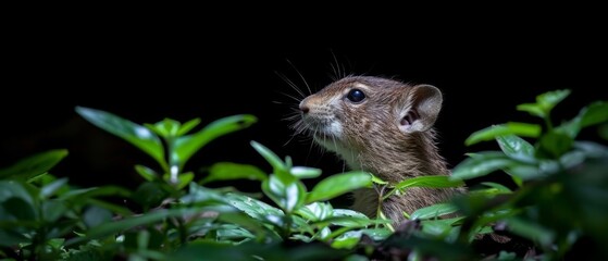  A close-up photo shows a tiny rodent in a bush, staring skyward with its eyes wide open