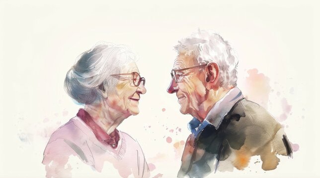 Happy elderly couple portrait, watercolor style. An elderly couple, happily married for many years, are enjoying each other's company.
