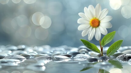  A yellow-centered white flower blooms atop water amidst rocky surroundings and water droplets