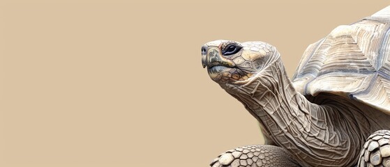  A high-resolution image of a close-up tortoise gazing directly into the camera, set against a creamy beige backdrop - obrazy, fototapety, plakaty