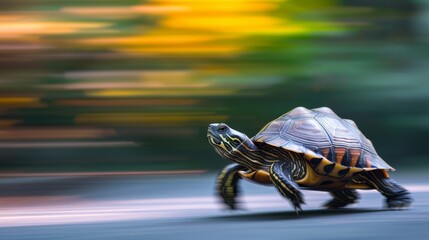 Turtle moving on the road with motion blur background - obrazy, fototapety, plakaty