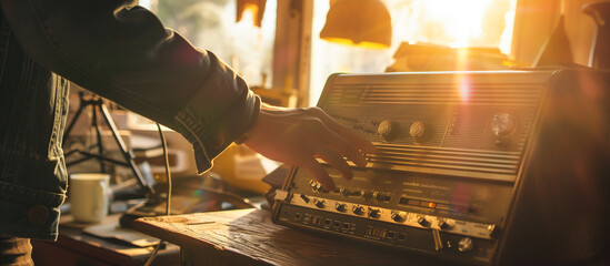 a man setting vintage radio sound audio