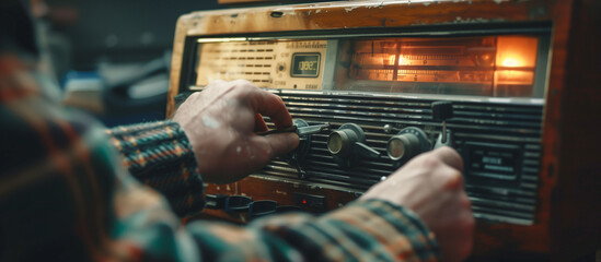a man setting vintage radio sound audio - obrazy, fototapety, plakaty