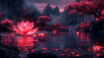  A vibrant pink bloom floats atop a serene lake, surrounded by a verdant forest teeming with more pink blossoms