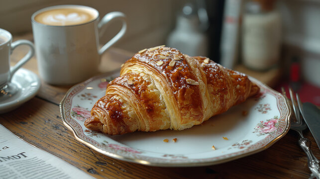  A croissant sits on a plate beside a coffee cup, atop a table, with a newspaper in the foreground