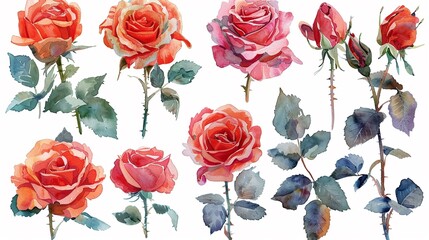 Watercolor rose clipart in various colors and angles - obrazy, fototapety, plakaty