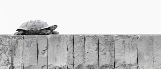  Black and white photo of tortoise on rock wall with white sky