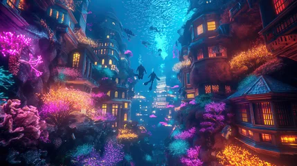 Fotobehang An underwater city illuminated by neon corals, with divers floating among the colorful buildings and luminescent sea creatures © mikhailberkut