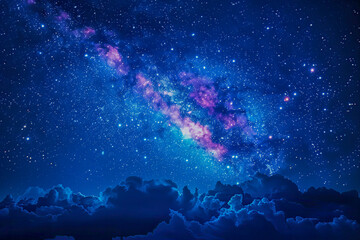 Obraz premium Panorama blue night sky milky way and star on dark background.Universe filled with stars, nebula and galaxy with noise and grain.with blur shadow.