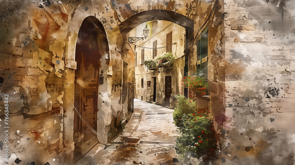 Poster Picturesque narrow alley in an old European town with historical buildings and hanging plants, rendered in a watercolor artistic style