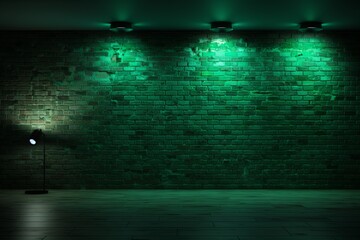 Room with brick wall and green lights background
