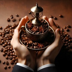 Elegantly crafted vintage brass grinder in hands among coffee beans on wooden table. Generative AI