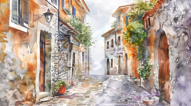 Watercolor illustration of a quaint European cobblestone street with colorful buildings and lush greenery, evoking a serene, artistic ambiance