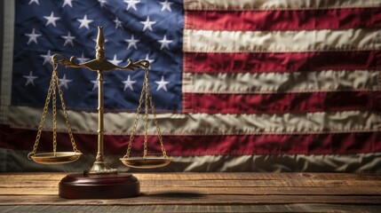 Scales of justice and American flag on table.