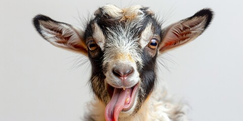 Funny little goat with tongue hanging out and ears perked up, looking cute.