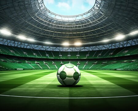 Soccer ball in an empty large green stadium stock photo, in the style of realistic, Generative Ai 