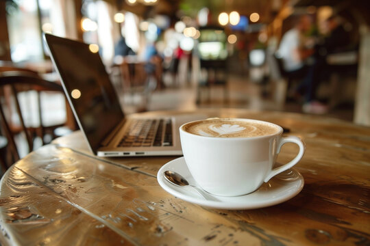 Coffee cup and laptop on the table and blurred cafe interior background