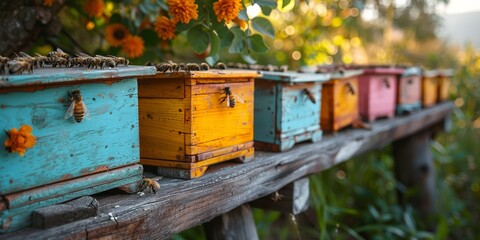 In the lush apiary, honeybees fly amidst nature, tending to honey, pollination, and colony health. - obrazy, fototapety, plakaty