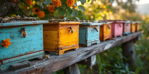 Foto op Aluminium In the lush apiary, honeybees fly amidst nature, tending to honey, pollination, and colony health. © Iryna