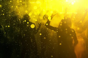 Silhouettes of people dancing at party against yellow light.