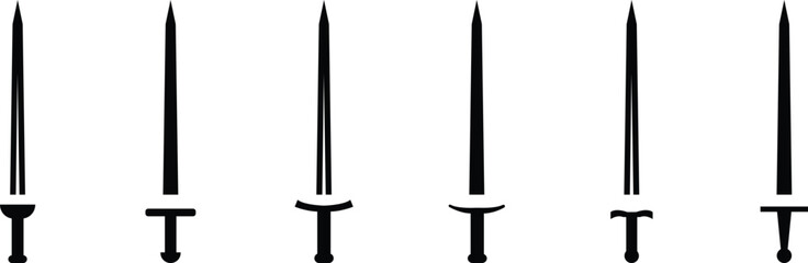 Sword set in flat style and silhouettes isolated on transparent background. Icon of ancient swords. Medieval swords. Japanese sword katana. Military sword ancient weapon design element for mobile. - obrazy, fototapety, plakaty