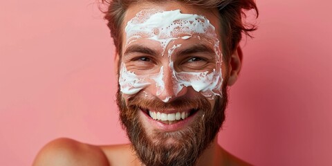 Smiling man with foam on face emphasizing skin care and happiness in portrait on pink background.