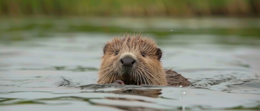  A photo of a beaver swimming, head above water