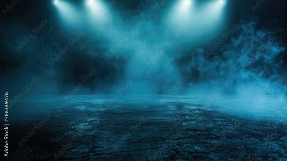 Poster dark mysterious stage with blue light fog - moody atmospheric stage with blue lighting and dense fog