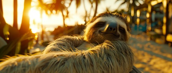  A photograph captures a sloth perched on a fence, gazing down at palm trees in the background