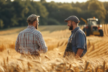 Two farmers stand amidst a ripe wheat field, engaged in a discussion under the setting sun