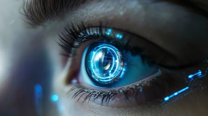 Zelfklevend Fotobehang Closeup of woman with digital contact lens showing the future. © VISUAL BACKGROUND