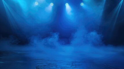 Enigmatic blue fog under bright stage lights - An intense blue haze engulfs the floor of an empty stage, with bright lights casting an otherworldly glow on the expansive void