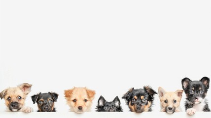 Lineup of young pets on a white backdrop - Six young and charming pets lined up against a white background, showcasing playfulness and innocence