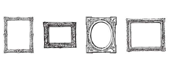 Frames decorative carved wooden vintage style, four, doodle, sketches, vector hand drawing isolated on white