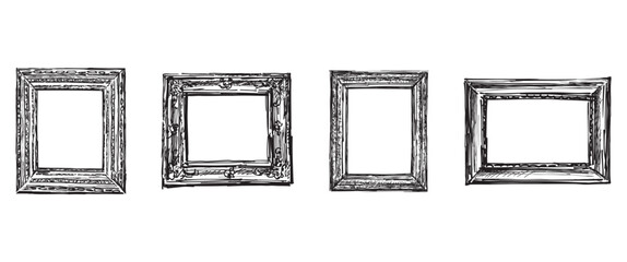 Frames carved wooden vintage style, four, doodle, sketches, vector hand drawing isolated on white - 766349658