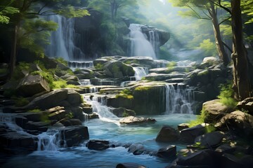 Tranquil waterfalls streaming down vibrant slopes, their gentle murmur harmonizing with the melody of nature