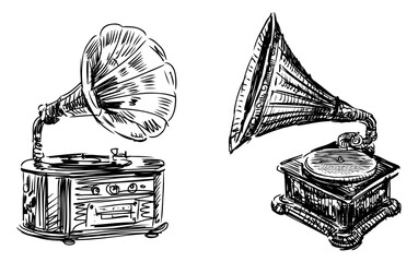 Gramophone,old musical instrument, music, playing records, retro style, sketches, doodles, black and white vector hand drawing isolated on white