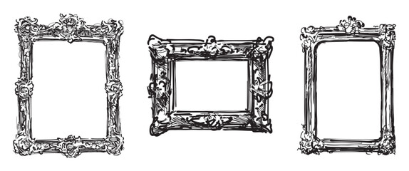 Frames carved wooden vintage style, three, doodle, sketches, vector hand drawing isolated on white