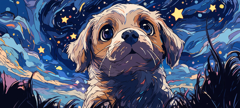 Hand drawn cartoon illustration of cute puppy under the starry sky